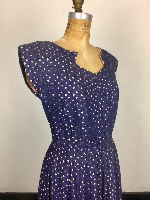 Fabulous 1950s Navy Cotton Eyelet Dress M