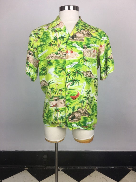 1960s Green Rayon Jamaican Souvenir Hawaiian Shirt