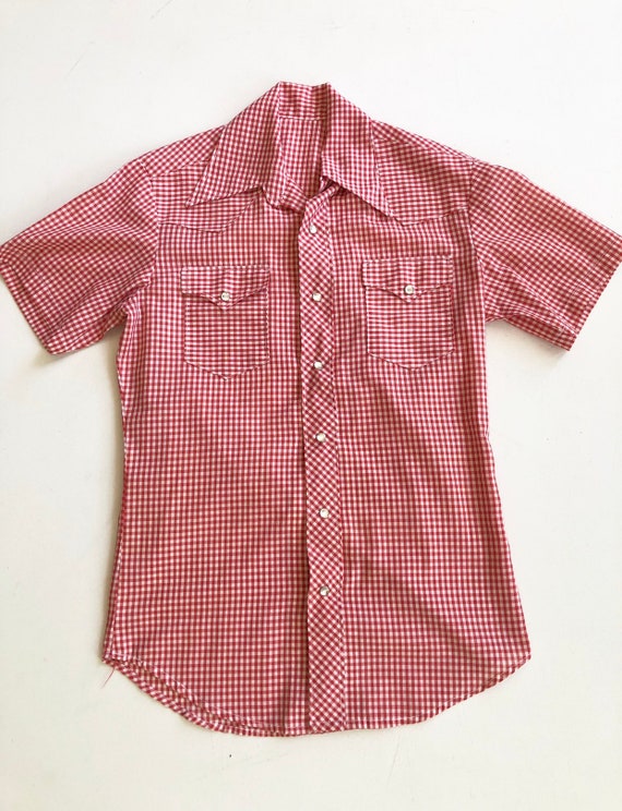1960’s Red Gingham Western Short Sleeve Shirt M - image 3