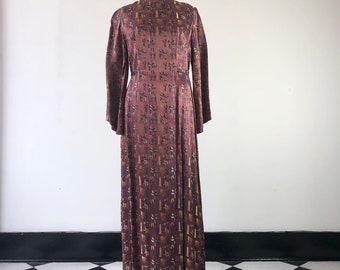 INCREDIBLE Egyptian Print Satin 1960s Maxi Dress M