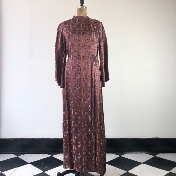 INCREDIBLE Egyptian Print Satin 1960s Maxi Dress M
