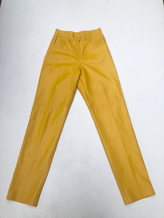 AMAZING 1980s Yellow Leather High Waist Pants 25”