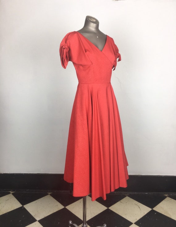 CHERRY 1950s Red Taffeta Bow Sleeve Party Dress S - image 2