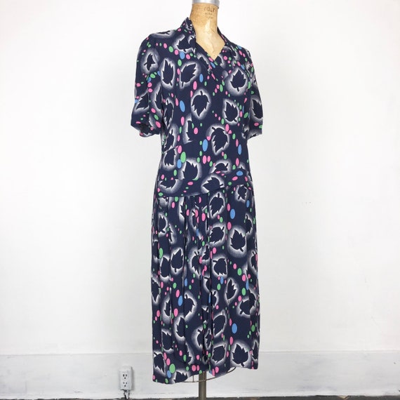 KILLER 40’s Novelty Leaf Print Navy Rayon Dress M