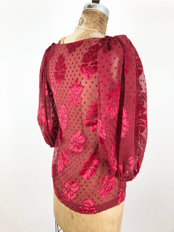 1970s Burnout Metallic Red Velvet Sheer Blouse S - image 6