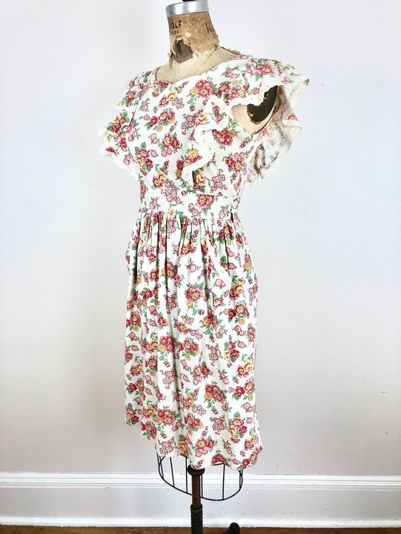 1930s Floral Cotton Pinafore Style Dress S - image 1
