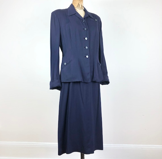 1940s Navy Blue Rayon Gabardine Skirt Suit Set M - image 1