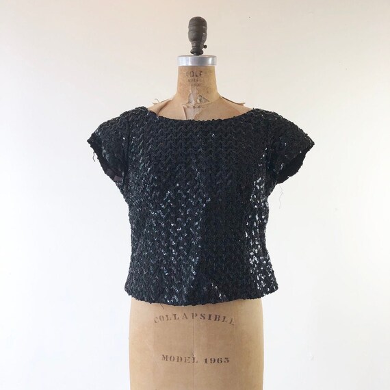 FABULOUS 1950’s Black Sequined Knit Top M
