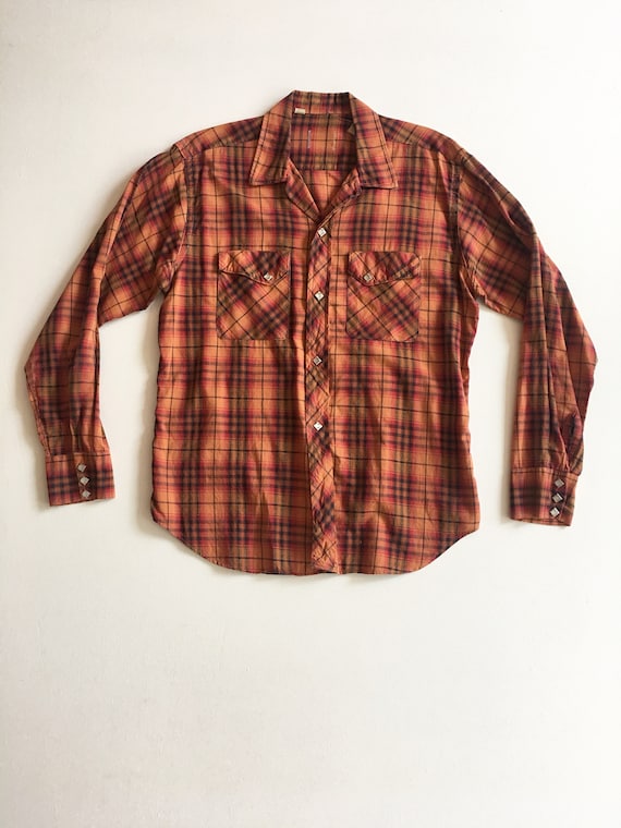 40s Men's Cotton Plaid Pearl Snap Western Shirt M