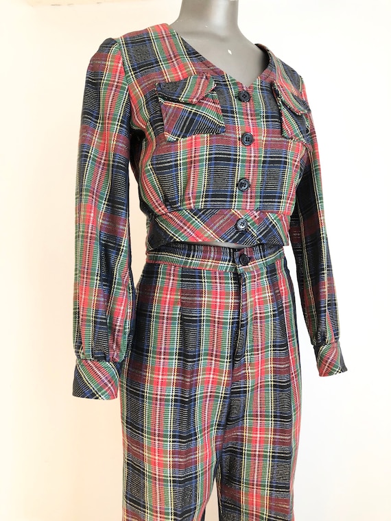 1970s Red Tartan Plaid 2 Piece Pant Suit S