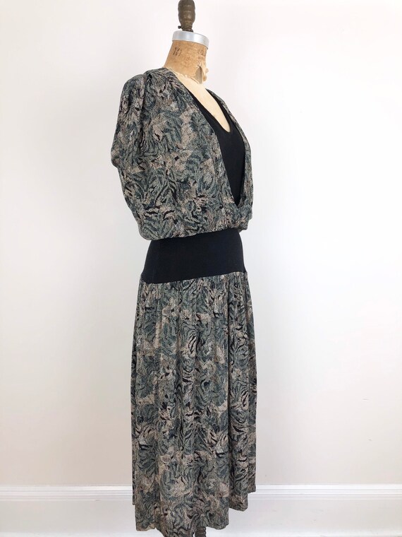 1980s Printed Rayon Knit Rib Combo Dress S - image 6