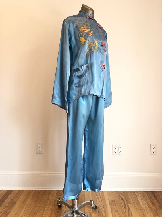 1940s Blue Satin Embroidered Dragon Pajama Set M - image 1