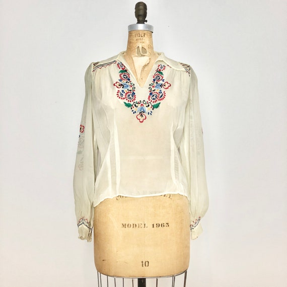 1940s Embroidered Chiffon Peasant Blouse S