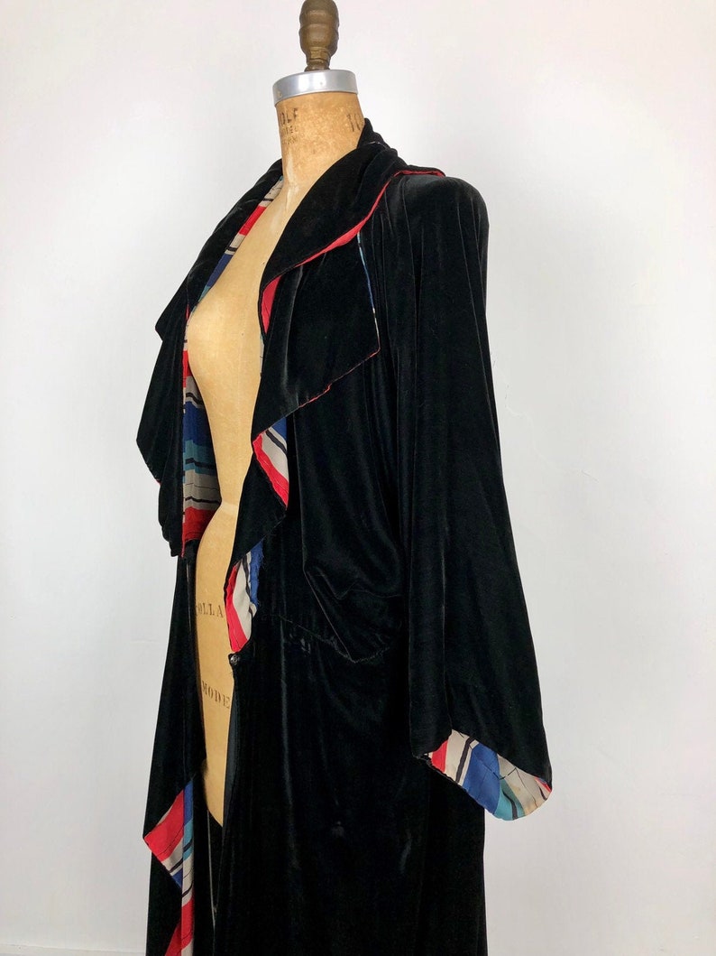 1920s Black Silk Velvet Striped SIlk Duster Coat S image 1