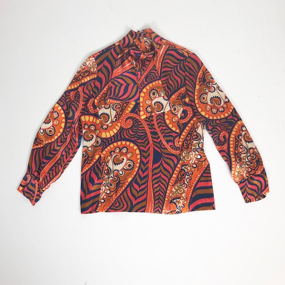 AMAZING 60’s Rayon Satin Print Blouse S