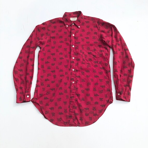 1950s Arrow Novelty Collegiate Print Red Shirt S