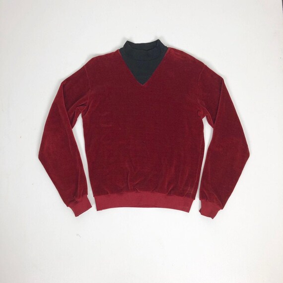 RARE 1960s Red Velour Mock Turtleneck Sweatshirt M