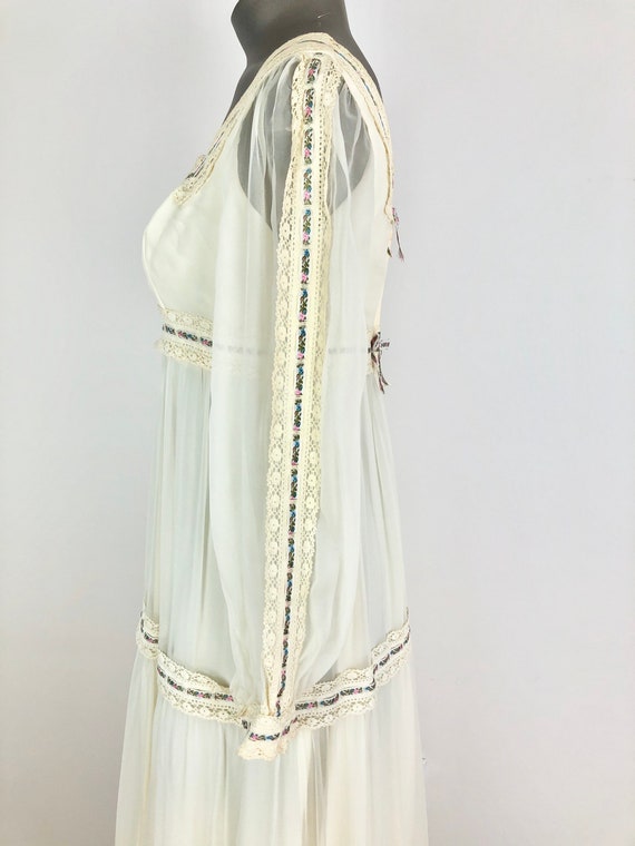 Amazing 1970s White Chiffon Lace Tiered Maxi Dres… - image 4