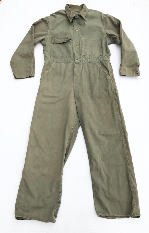 1940s Atlas Green Herringbone Twill Coveralls L