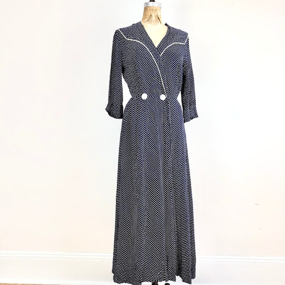 1940s Navy Blue Polka Dot Rayon Dressing Gown Max… - image 1