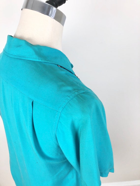 1950s Turquoise Rayon Short Sleeve Loop Collar Sh… - image 4