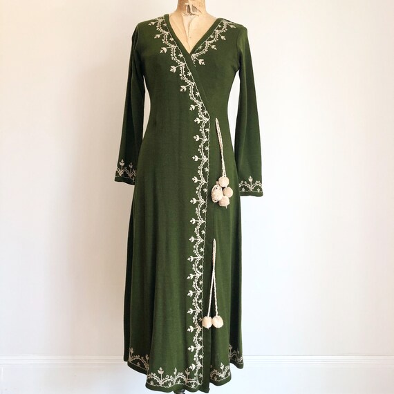 1970s Embroidered Green Knit Pom Pom Dress S