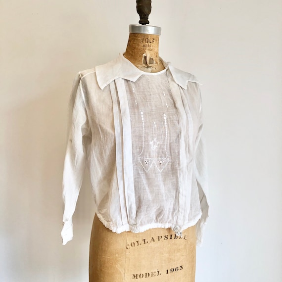 Antique Victorian Embroidered White Cotton Blouse