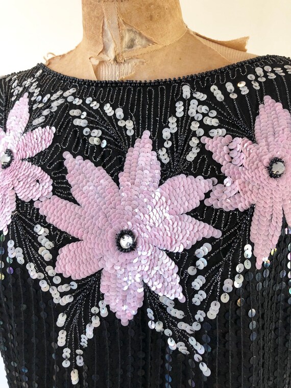 1980’s Sequined Flower Silk Blouse S - image 2