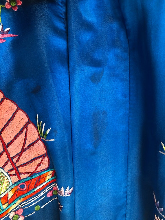 1960s Chinese Blue Rayon Silk Embroidered Robe L - image 7