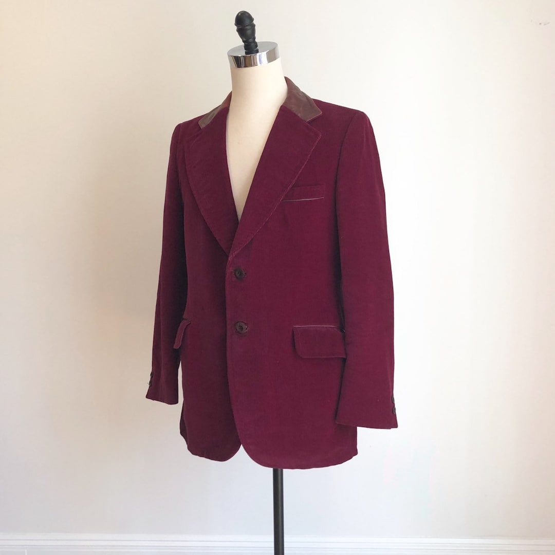 1970 Cortefiel Burgundy Pana Traje Chaqueta con cuello de cuero