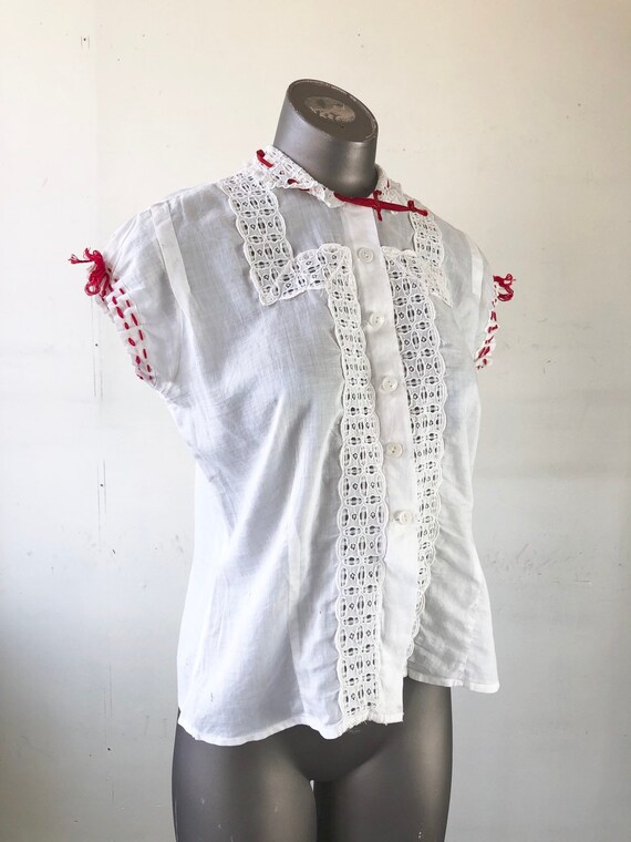 1940’s White Cotton Lace Blouse W/ Ribbons S