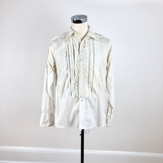 1950s Crocheted White Lace Tuxedo Shirt M - image 1