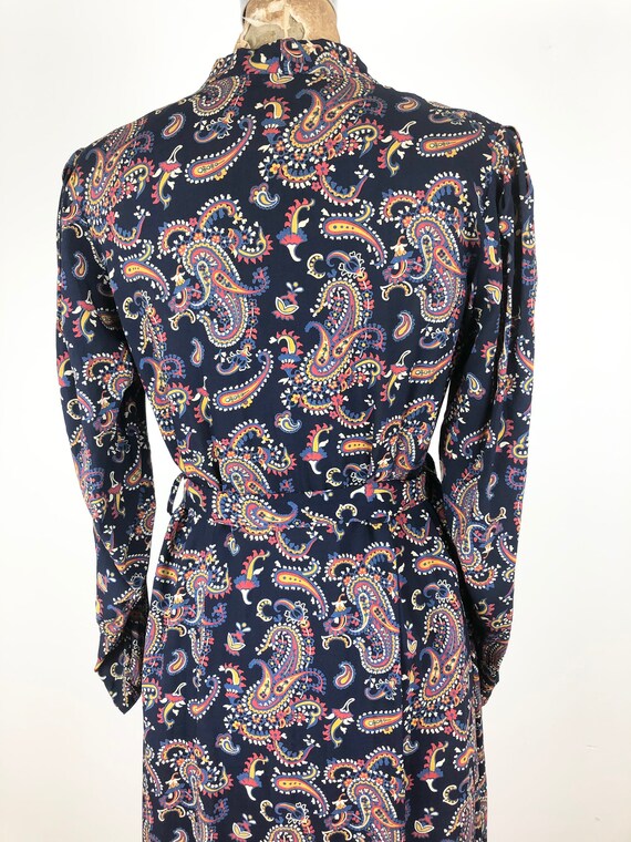 1930s Navy Blue Paisley Cotton Belted Dress M - image 7