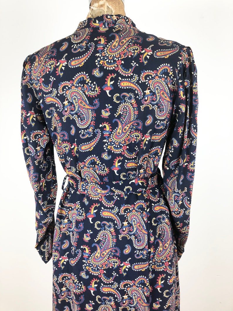 1930s Navy Blue Paisley Cotton Belted Dress M image 7