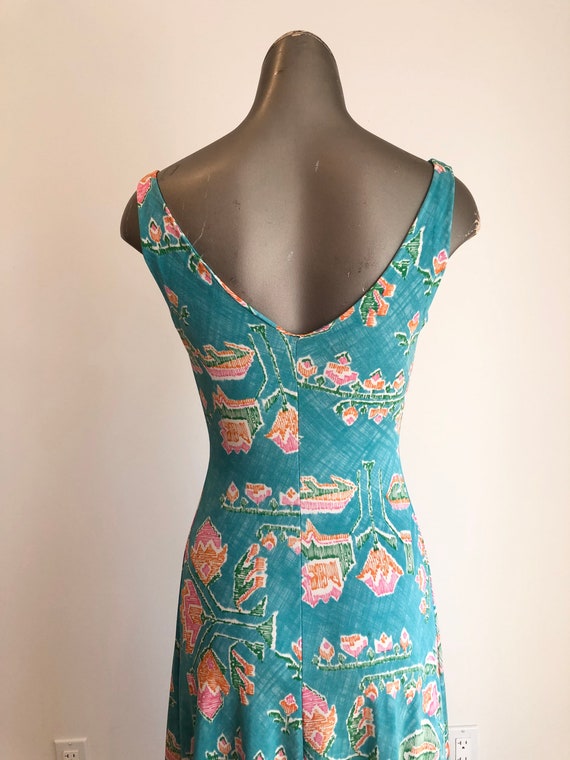 1970s Turquoise Floral Jersey Maxi Dress S - image 5