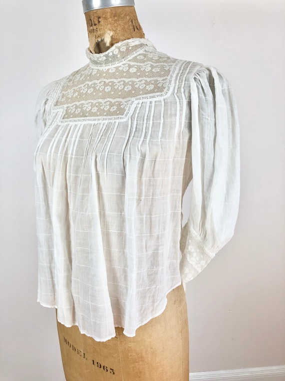 Antique Edwardian Lace White Cotton Blouse S - image 3