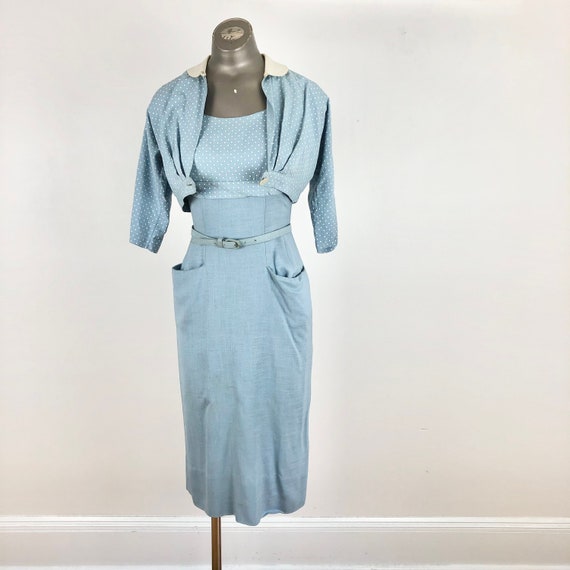 1950s Blue Linen Polka Dot Cotton Wiggle Dress Se… - image 1