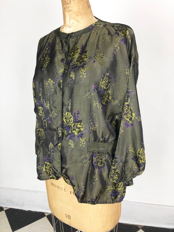 1980s Phool Dark Green Floral Rayon Blouse S M - image 3