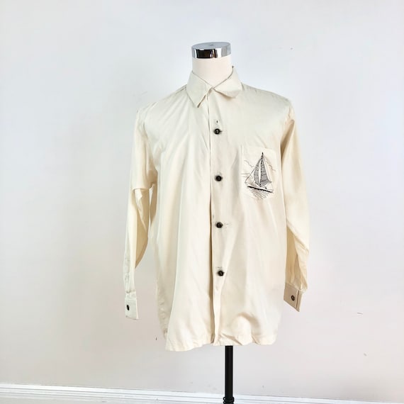 1950s Ivory Silk Sailboat Print Long Sleeve Shirt… - image 1