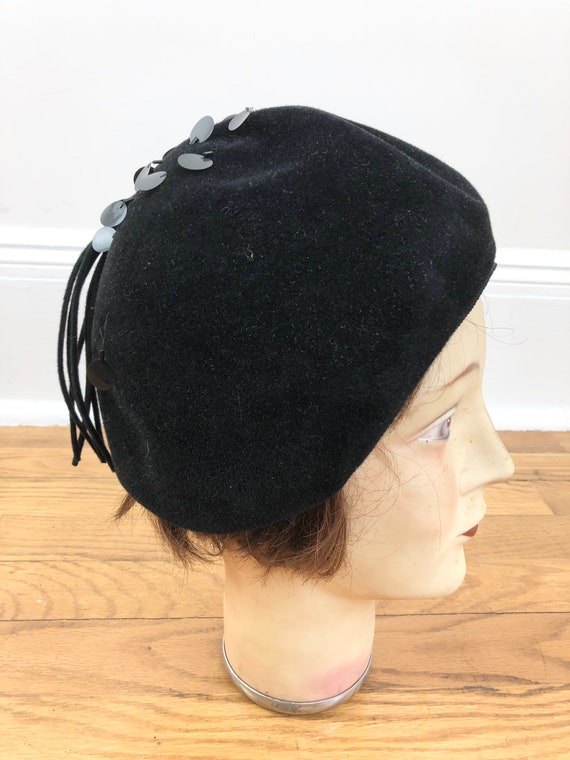 1950s Black Wool Felt Cloche Hat with Paillettes … - image 3