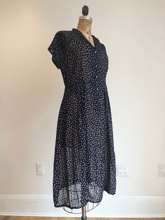 FABULOUS 1940’s Sheer Navy Floral Rayon Dress M