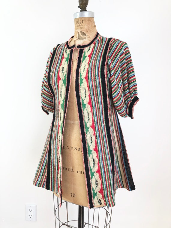 1970s Rainbow Knit Puff Sleeve Sweater Duster S