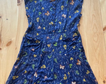 1930s Navy Blue Cotton Voile Butterfly Print Dress L XL