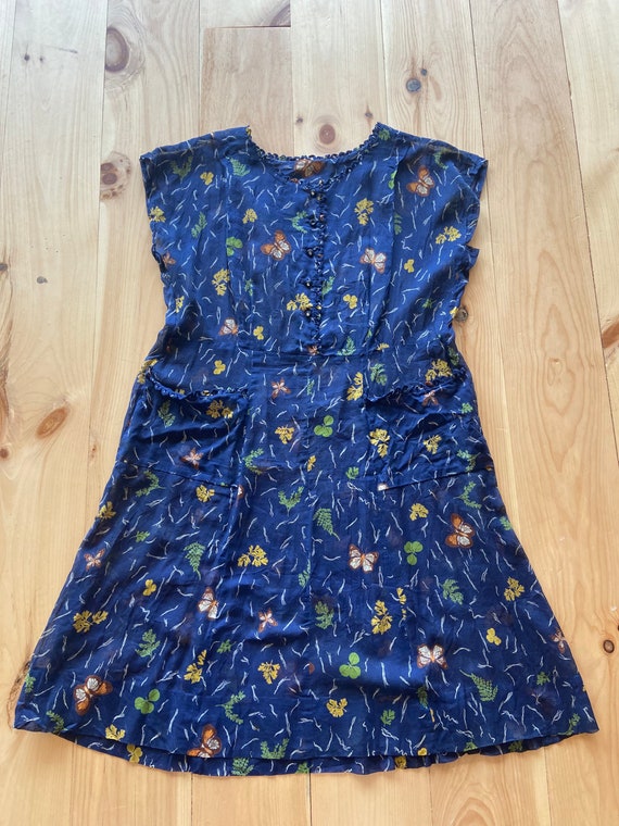 1930s Navy Blue Cotton Voile Butterfly Print Dress