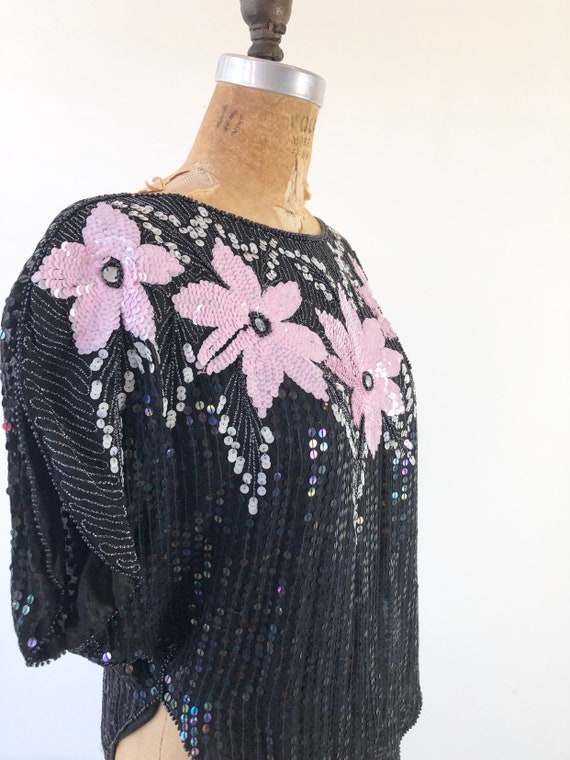 1980’s Sequined Flower Silk Blouse S - image 4