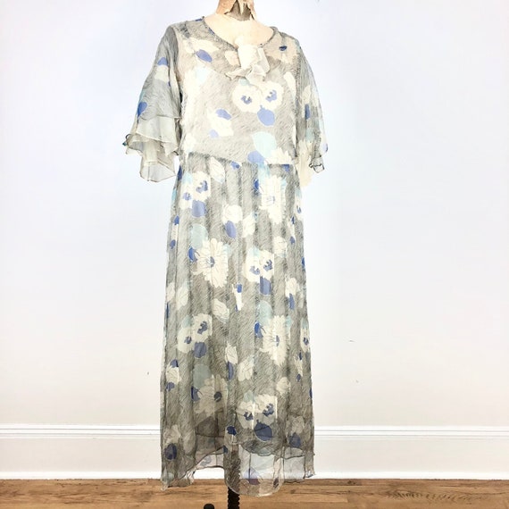 1930s Grey and Blue Floral Silk Chiffon Flutter Sleeve Dress S