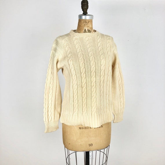 1950s Ivory Cable Knit Wool Sweater S - image 1