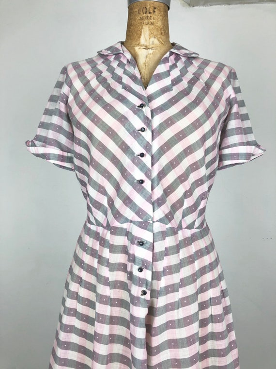 CUTE 1950’s Sheer Pink and Grey Gingham Dress M - image 3