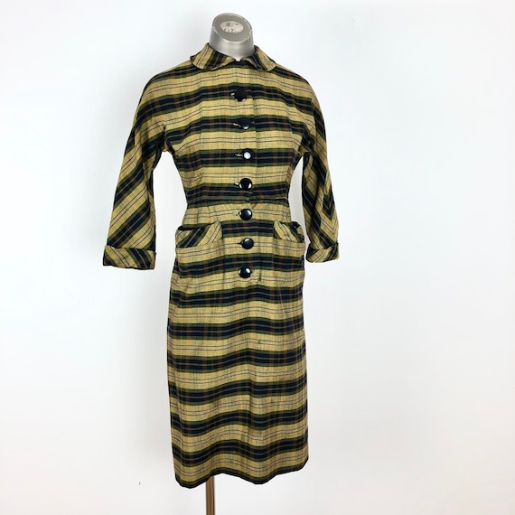 FABULOUS 1950’s Yellow Plaid Wiggle Dress XS