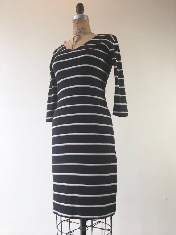 1980s Black Striped Cotton Knit Dress S